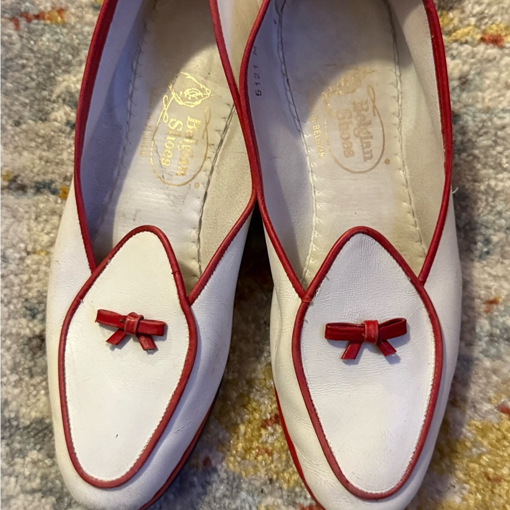 Women's White and Red Loafers Travellette Belgian Shoes